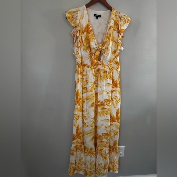 Express Yellow and White Sleeveless Ruffled Maxi Dress floral vacation whimsical - Picture 3 of 14